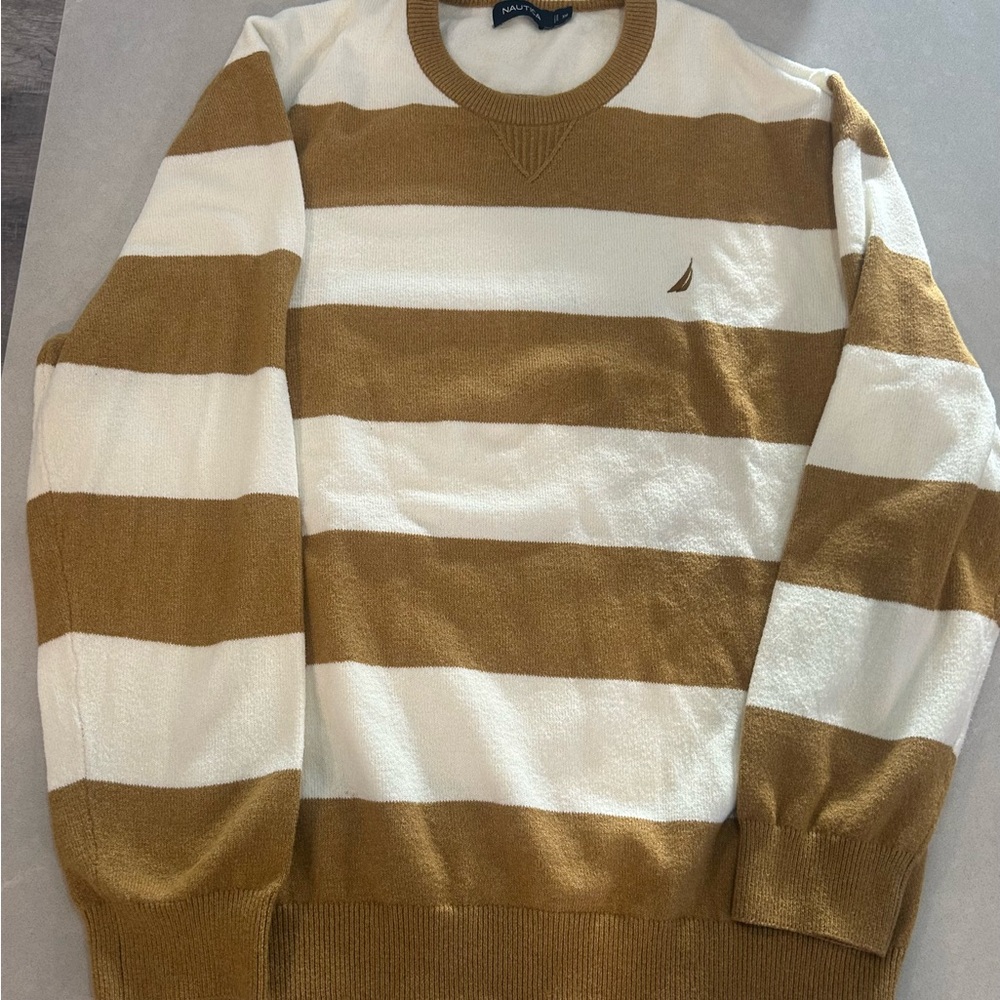 Nautica Men's Crewneck Sweater - Brown and White Stripes